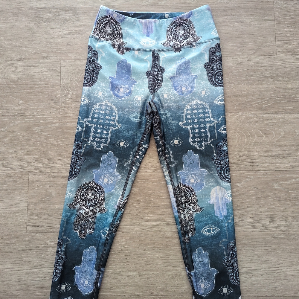 Evolution and Creation Blue and Black Hamsa Leggings